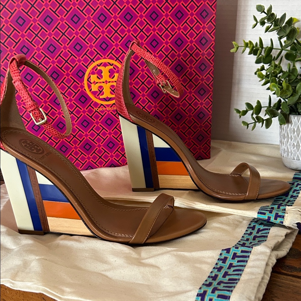 Tory Burch Brown and Colorful Wedge Sandals